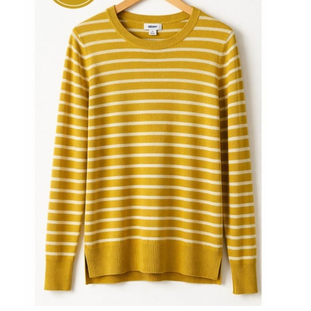 Old Navy Yellow White Striped Sweater Large Crewneck Cotton Blend Knit